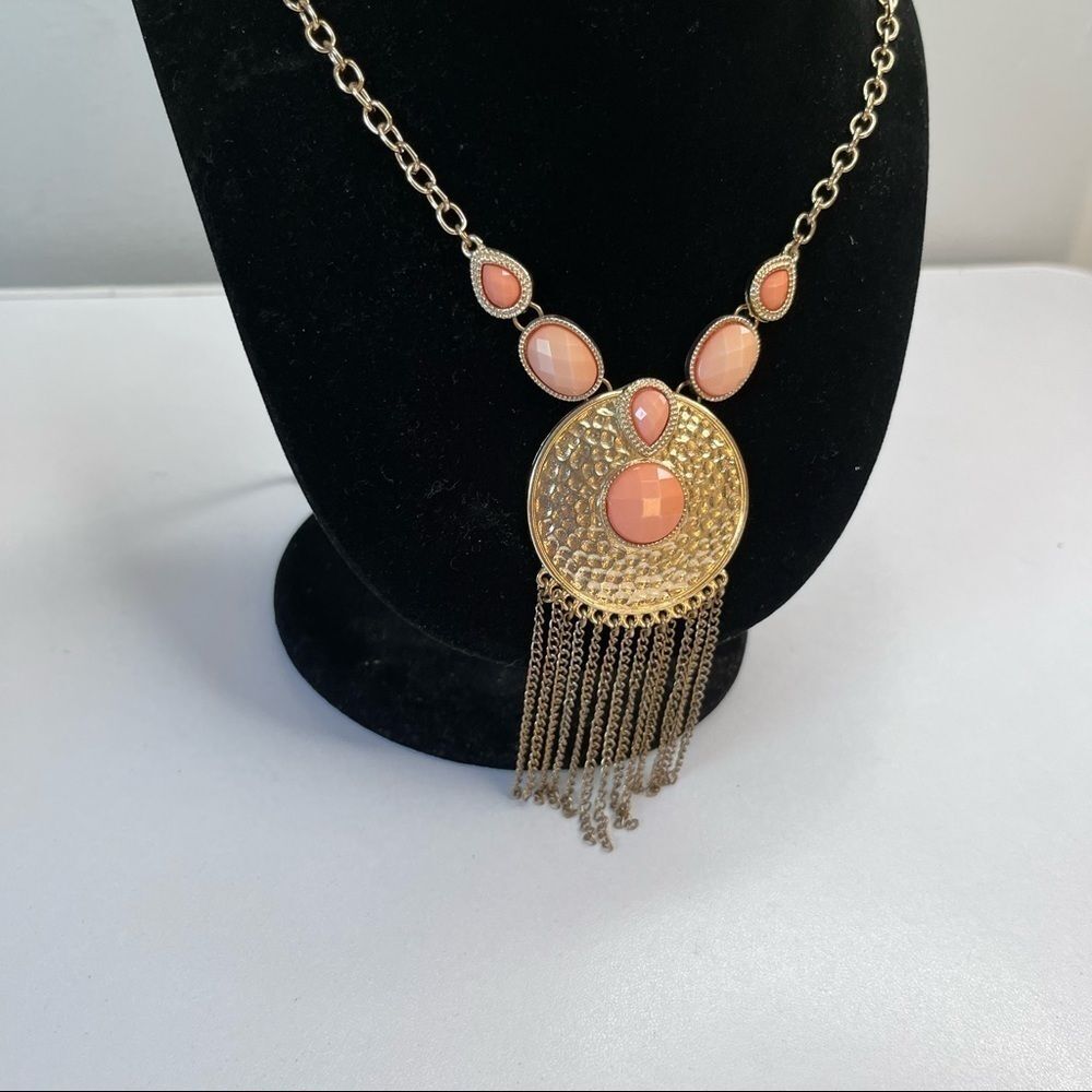 Boutique Long Peach Moonglow Lucite Fringed Pendant Gold 30”